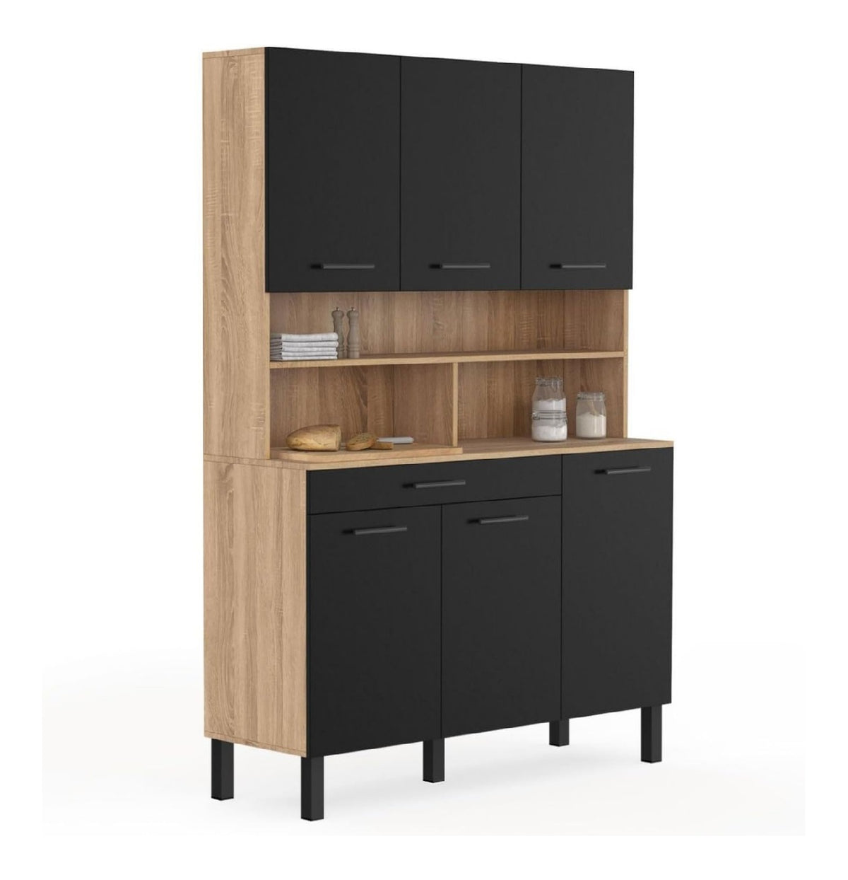 Kuchenbuffet 120 cm CINA 6 Turen + Schublade in Buchenholzoptik und schwarz