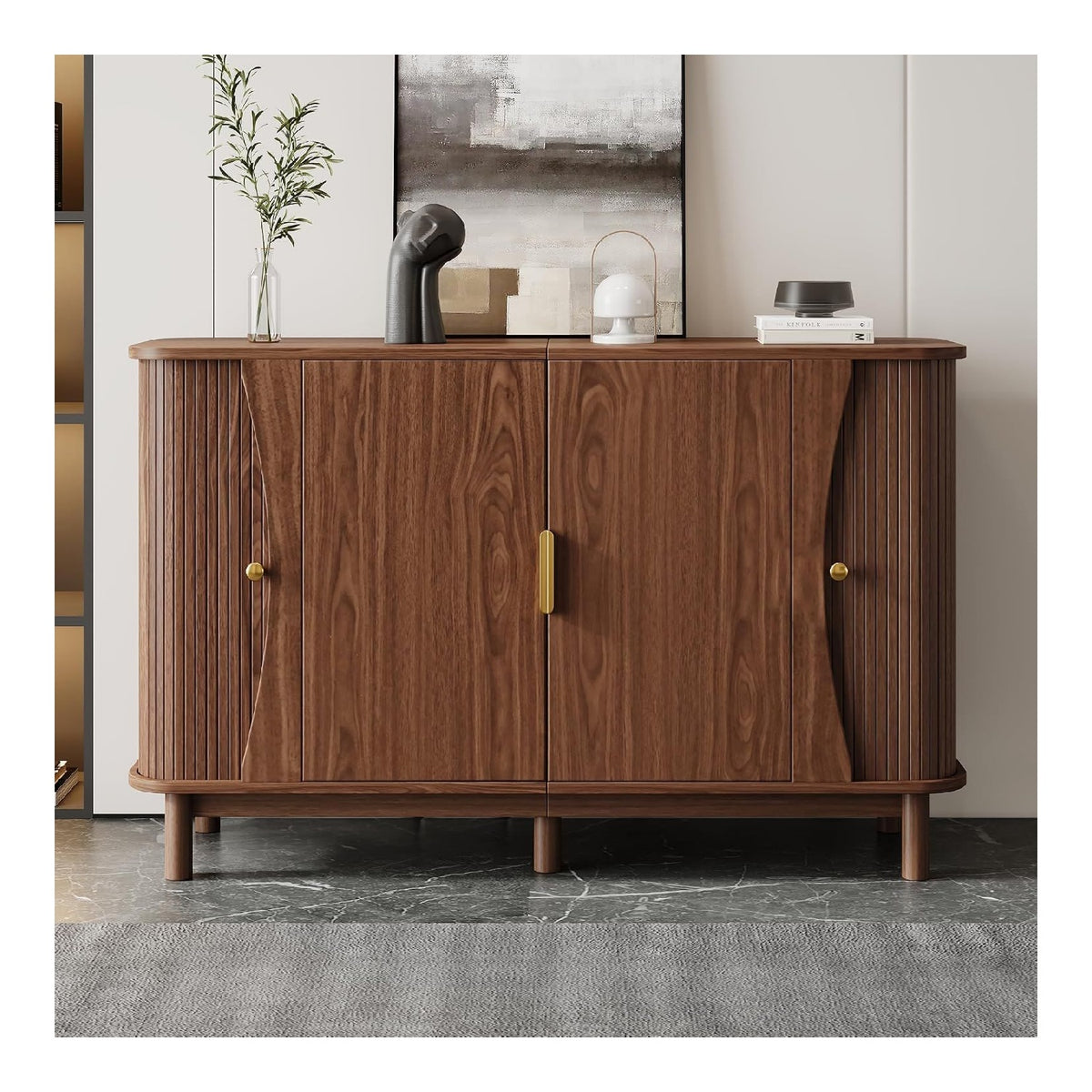 YuQozii Walnussfarbener Sideboard 140x40x88cm aus MDF, Kommode mit geschwungenen Kanten, 2 Schiebeturen, Stauraumschrank fur Wohnzimmer Flur, bis 60kg belastbar