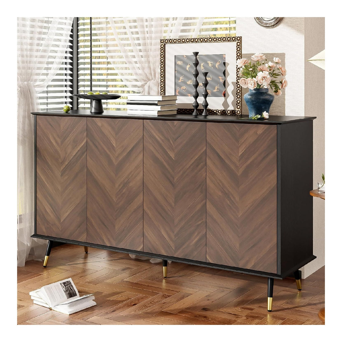Sideboard Mit Fischgratmuster, 4 Turen Mit Soft-Close & Hohenverstellbaren Regalen, MDF Holz Buffet Fur Wohnzimmer, Flur, Esszimmer