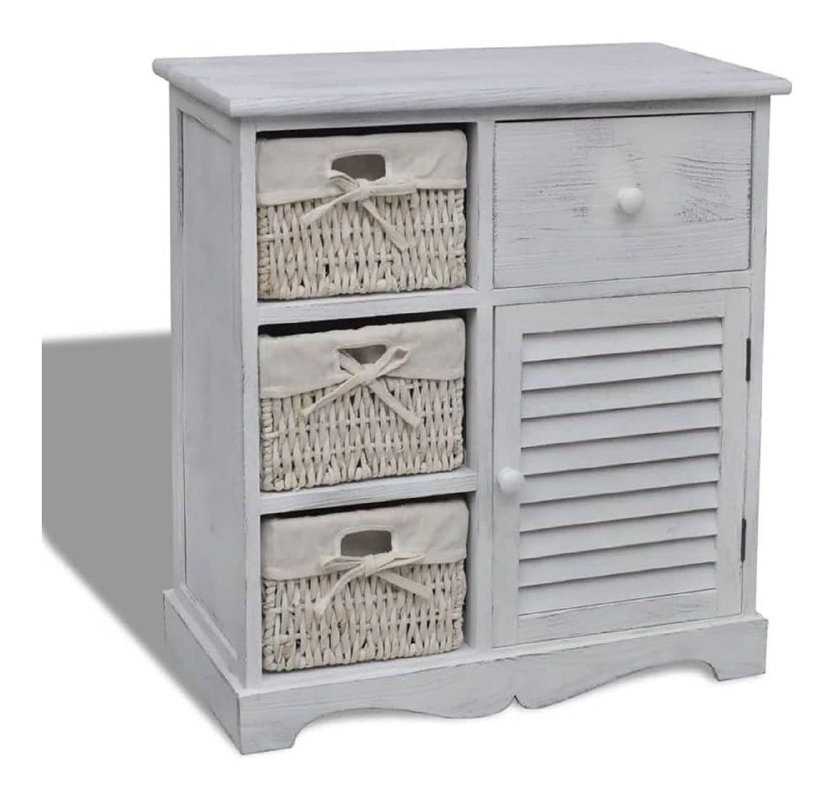 Shabby Chic Vintage Look Kommode mit 1 Schublade und 3 Korben, Mehrzweckschrank Anrichte Schubladenregal Standregal Aufbewahrungsschrank fur Kleiderschranke, 60 x 30 x 63 cm Wei