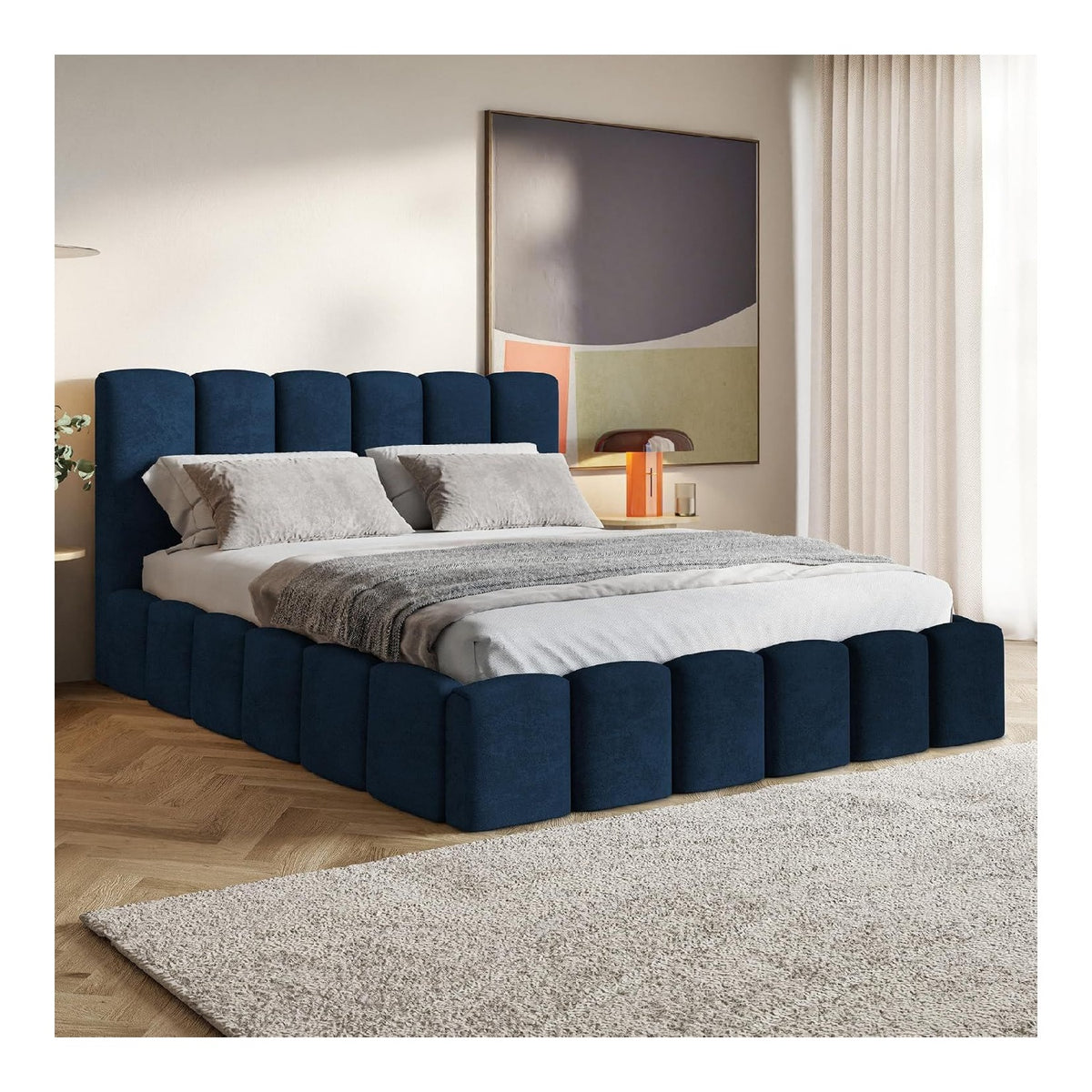 MOTIVENA Nunu Bubble Bett 180x200 Blau Samt, mit Stauraum, mit Kopfteil, mit Lattenrost, ohne Fu e, ohne Matratze, Bubble Polsterbett 180x200 mit Bettkasten Blau (Dunkelblau)