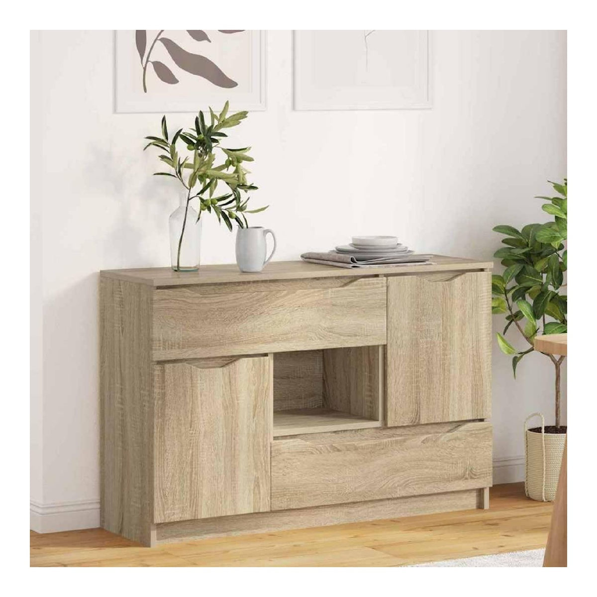 Sideboard Sonoma-Eiche Holzwerkstoff 100 x 30 x 65,6 cm mit Schublade und 2 Turen, modernes Buffet Cabinet fur Wohnzimmer und Esszimmer, praktischer Storage Cabinet mit stabilem Design