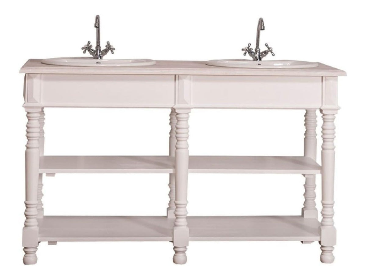 Landhausstil Doppel Waschbeckenschrank Wei /Hellgrau 150 x 54 x H. 90 cm - Massivholz Waschtisch - Badezimmermobel im Landhausstil