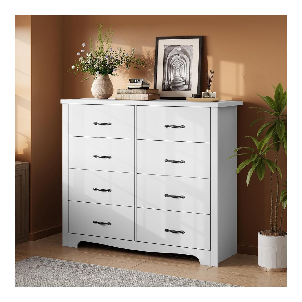 LINSY HOME Kommode 120 cm Breit - Modernes Sideboard - Schrank mit 8 Schubladen - Schubladenschrank - Kommodenschrank fur Wohnzimmer, Flur, Schlafzimmer - Wei 120x102x40 cm