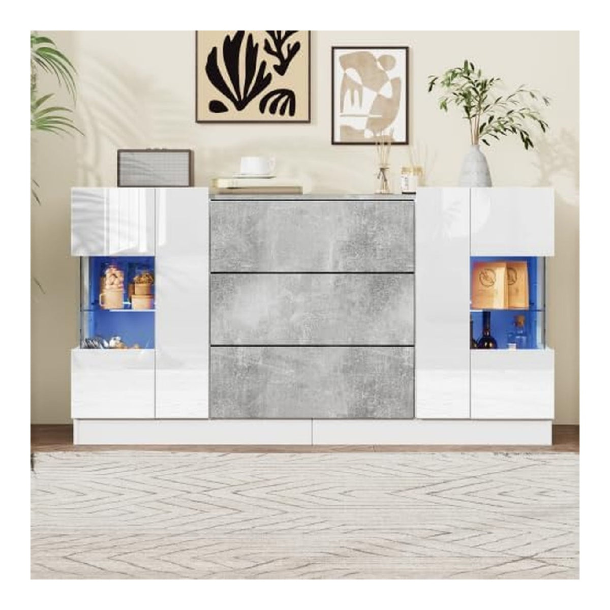 Hochglanz Kommode Wei Marmoroptik 140x35x75 cm - TV-Schrank mit Glas und 3 Schubladen, Sideboard fur Wohnzimmer, Esszimmer, Schlafzimmer
