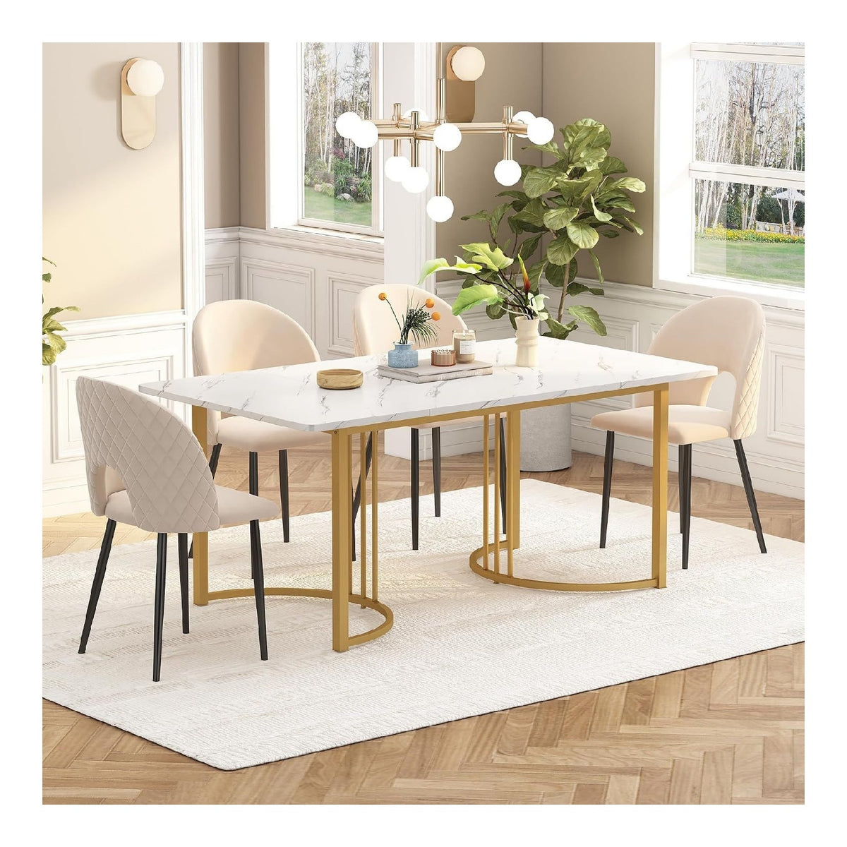 Esstisch 140x80cm, Marmor-Muster, Stabilitat & Design fur 4-6 Personen, Metallrahmen, verstellbare Beine, rechteckiger Tisch, geeignet fur Restaurant, Wohnzimmer, Kuche, Wei /Golden3