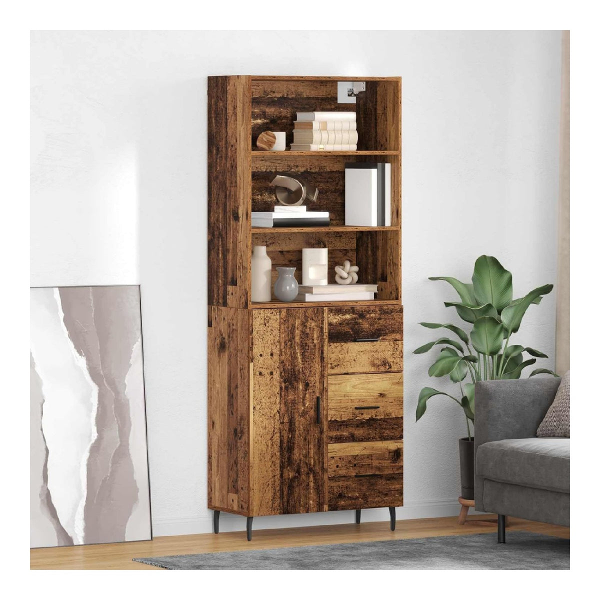 Highboard mit Schubladen und Turen aus Altholz Holzwerkstoff 69,5x32,5x180 cm modernes Sideboard mit viel Stauraum fur Wohnzimmer Esszimmer Buro und Deko