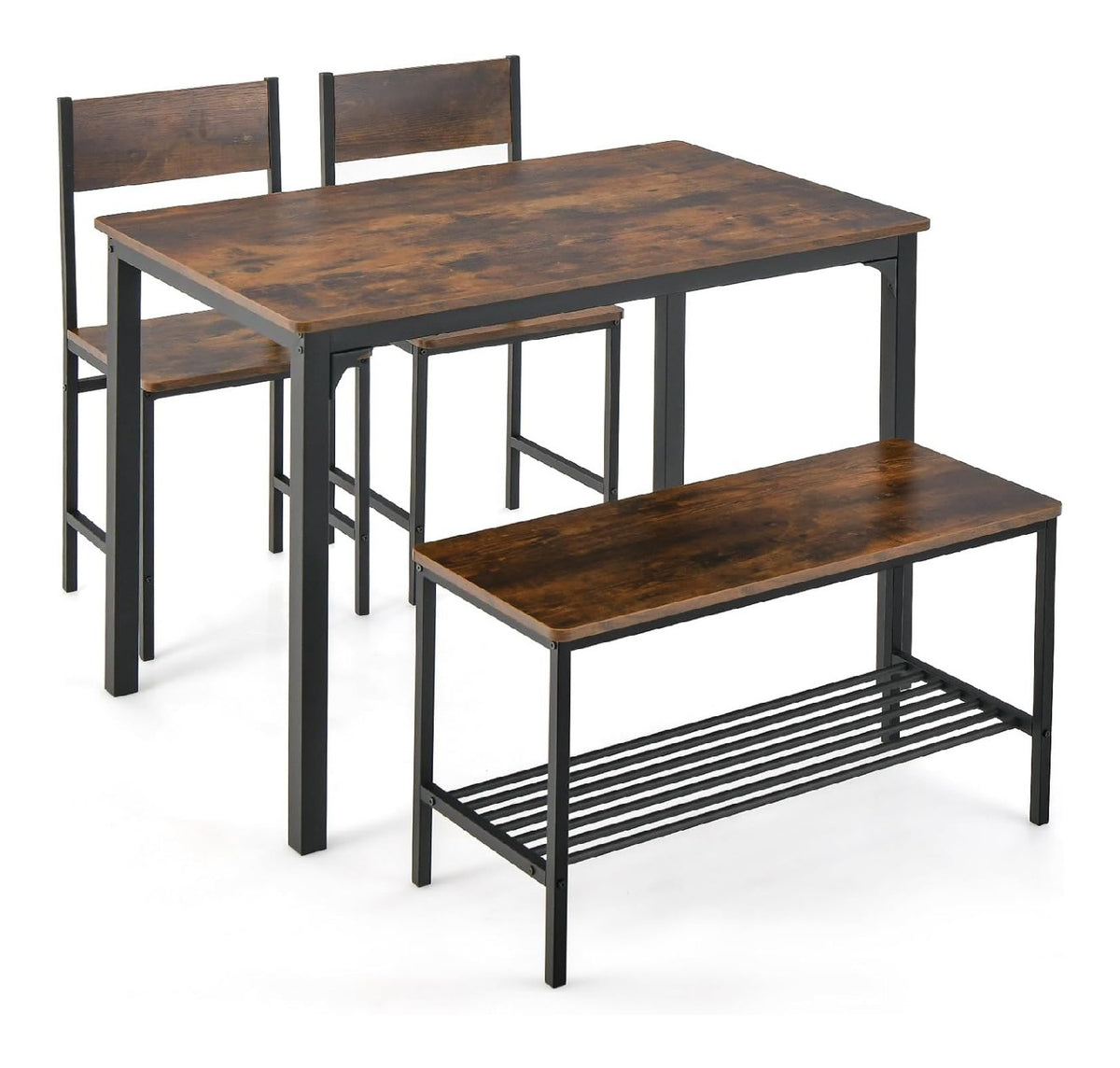 Esstisch mit 2 Stuhlen & Bank, Kuchentisch Esszimmertisch mit Stuhlen, Essgruppe Industrie aus Holz & Metall, Esszimmergruppe Sitzgruppe, Esszimmer Tisch Set fur 4 Personen (Rustikal Braun)