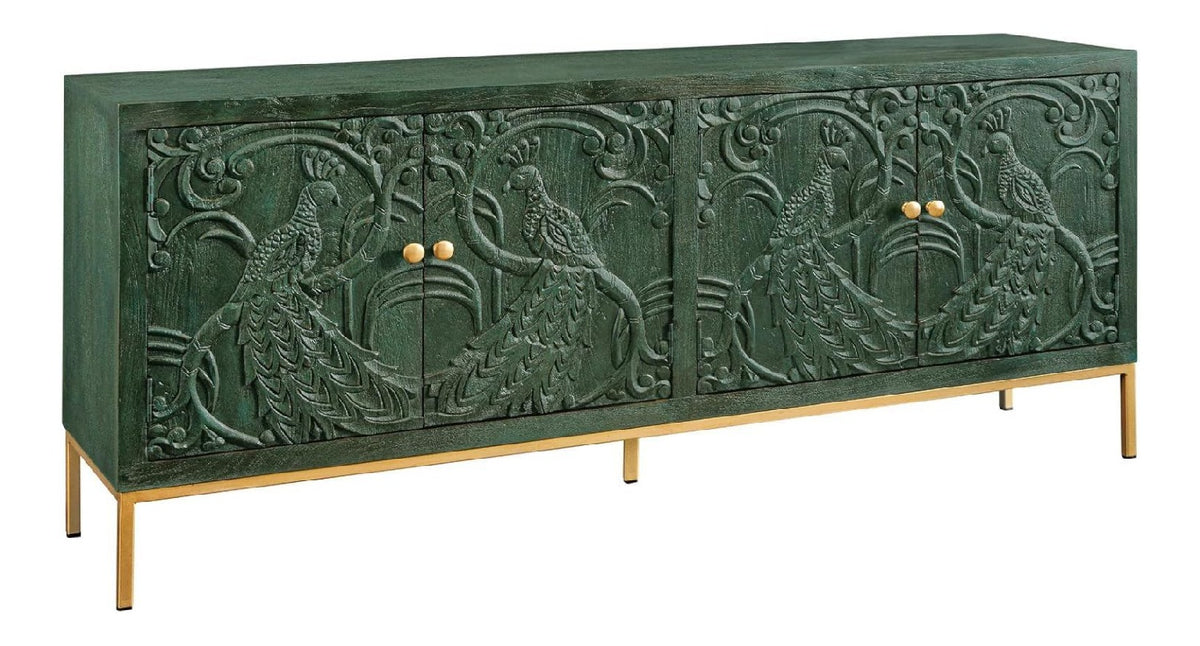 Massives Sideboard Peacock - 175cm - grun Mangoholz antik 3D Schnitzerei Pfau-Design Konsole Lowboard