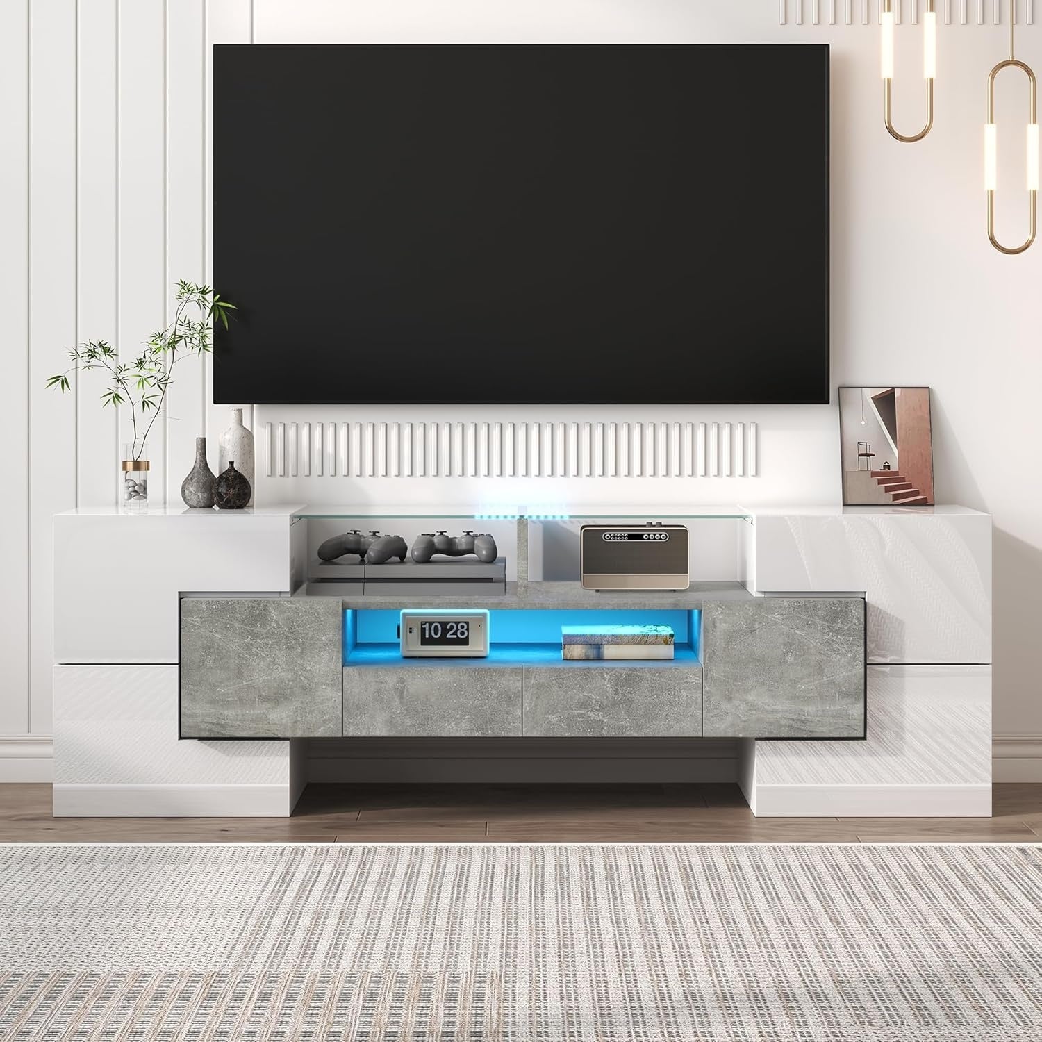TV-Lowboard in Marmoroptik mit LED-Beleuchtung und Hochglanzoberfl?c