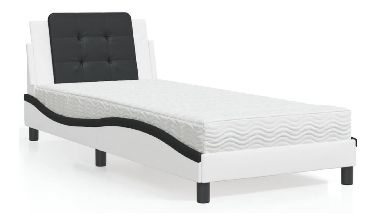 Bettgestell Zadar Wei Schwarz, 90x200 cm, Kunstleder, Wellen-Design, mit Matratze, Kopfteil-Kissen, modernes Schlafzimmer-Mobel fur erholsamen Schlaf