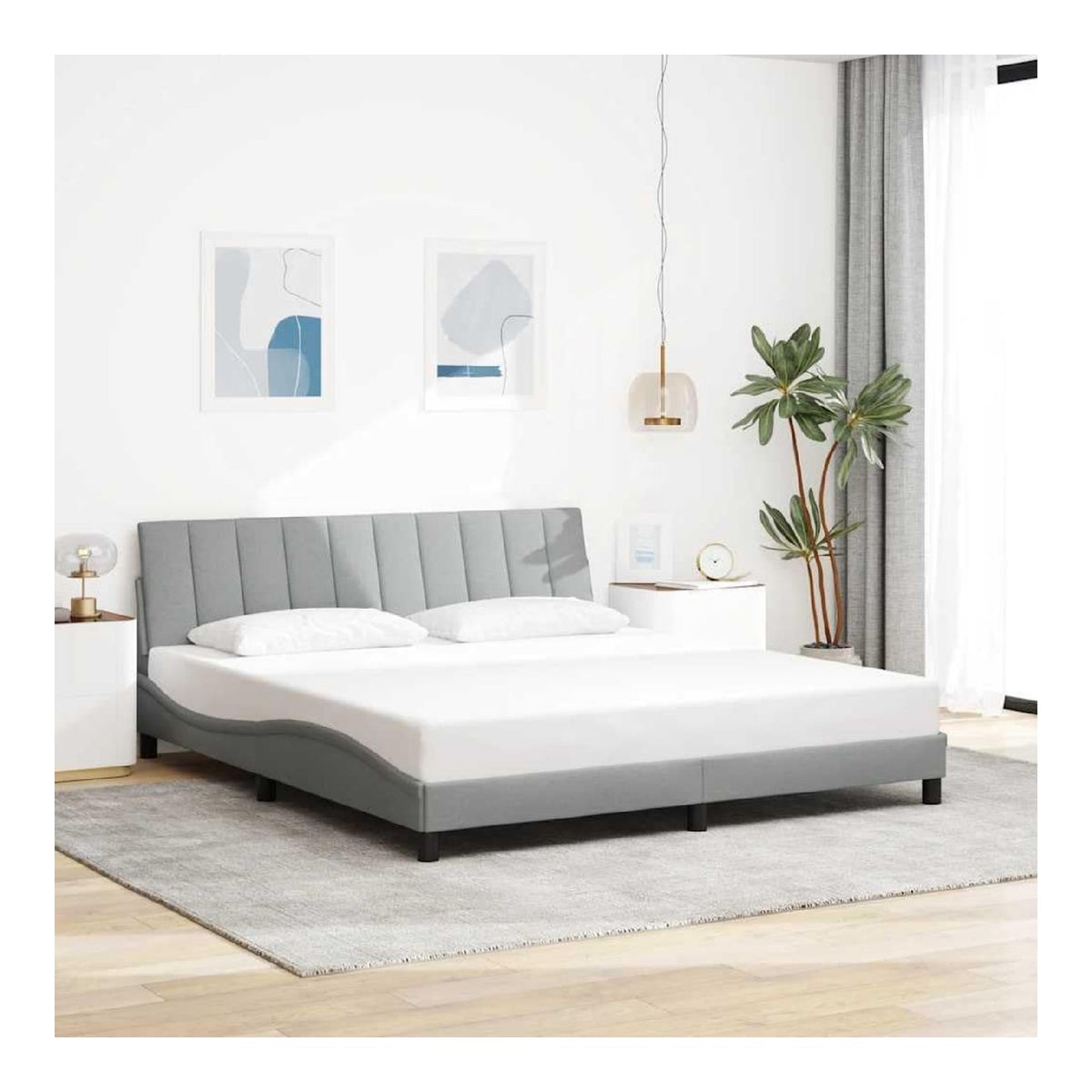 Hanko Bettgestell Hellgrau 180x200 cm, Stoffbezug mit Kopfteilkissen, Wellendesign, Metallrahmen, Sperrholzlattenrost, modernes Schlafzimmermobel, erholsamer Schlaf
