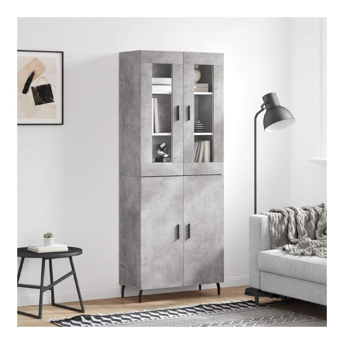 Betongrau Highboard, 69,5x34x180 cm, Holzwerkstoff, Sideboard Buffet Schrank mit Stauraum fur Wohnzimmer, Esszimmer, Kuche