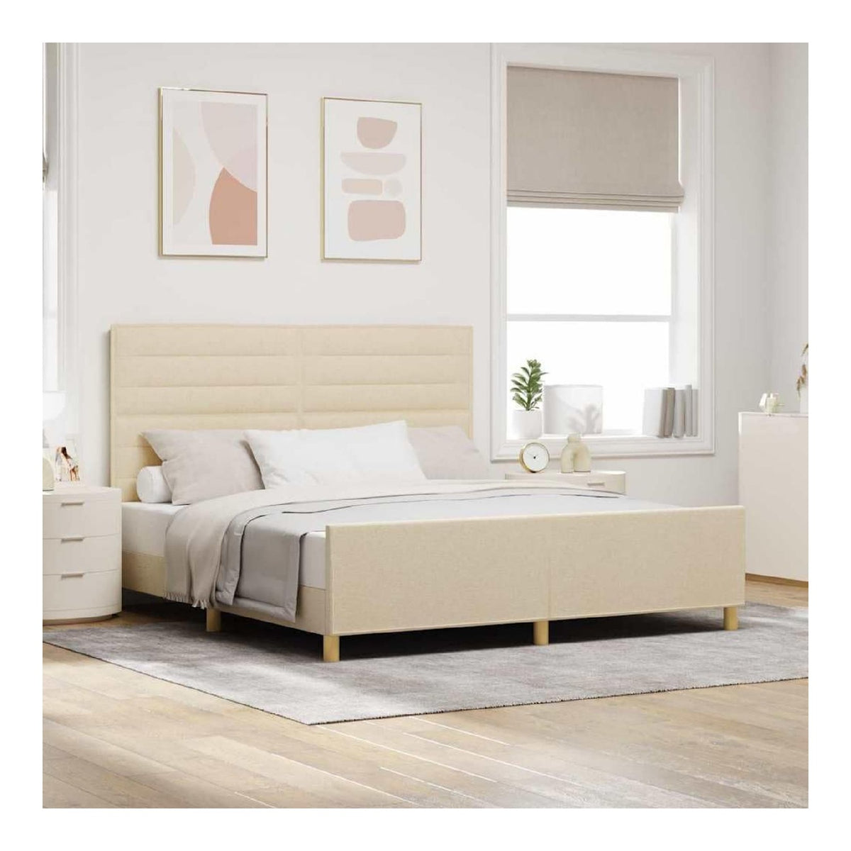 Bettgestell mit Kopfteil Creme 180x200cm, Stoffbezug, Plattform-Design, Stabiler Rahmen, minimalistisch, ideal fur Queen-Matratze, einfache Montage